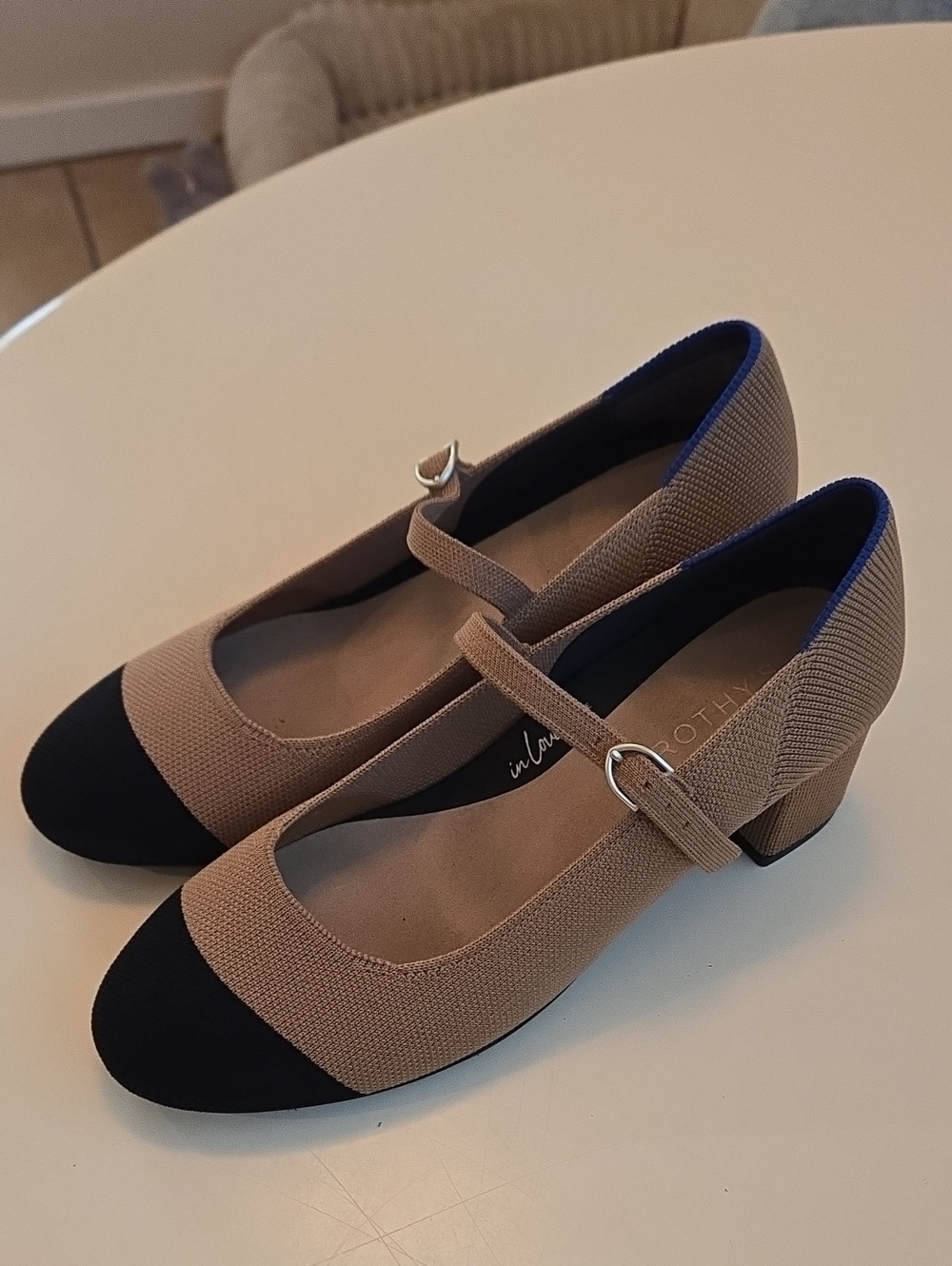 Rothy's Tan and Black Mary Jane Block Heel